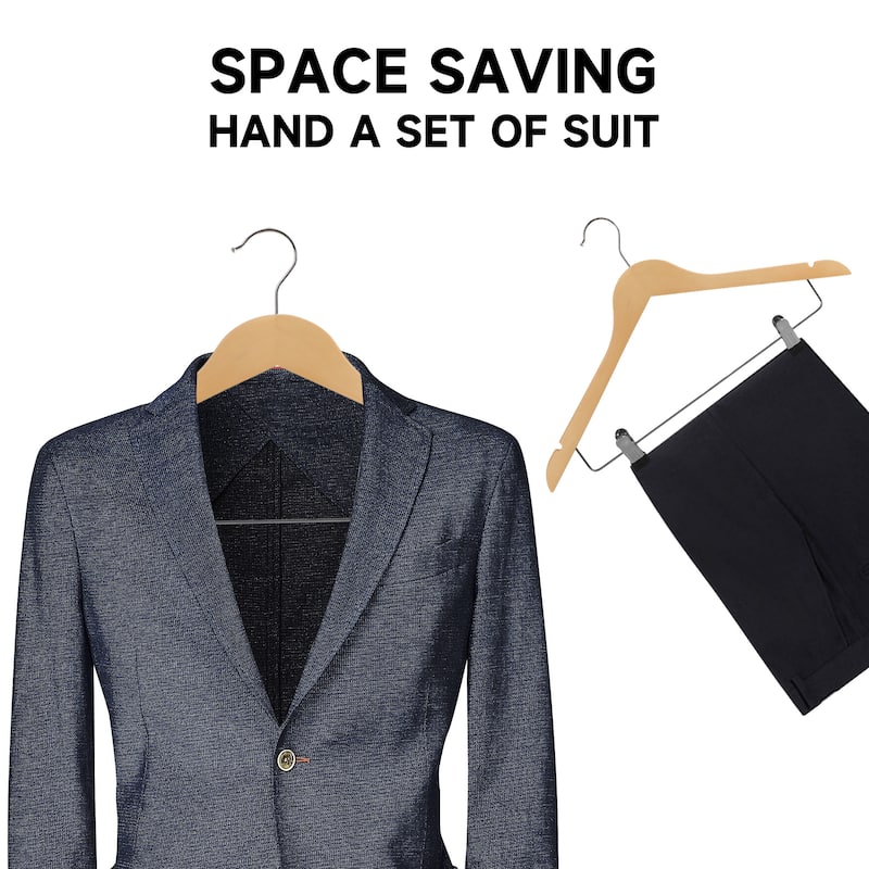 BP4U Solid Wood Hangers with Adjustable Metal Clips, Wooden Hangers for Coats, Jackets, Pants, Dresses, Skirts, and Suits