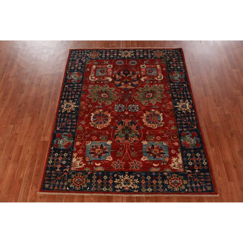 Vegetable Dye Floral Red Ziegler Oriental Rug Hand-Knotted Wool Carpet - 5'1"x 6'7"