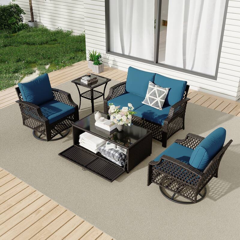 Outdoor Wicker Patio Set w Swivel Chairs & Sofa, Ottomans and Tables, Modular 3/5/6/7-Piece, All-Weather Conversation Set.