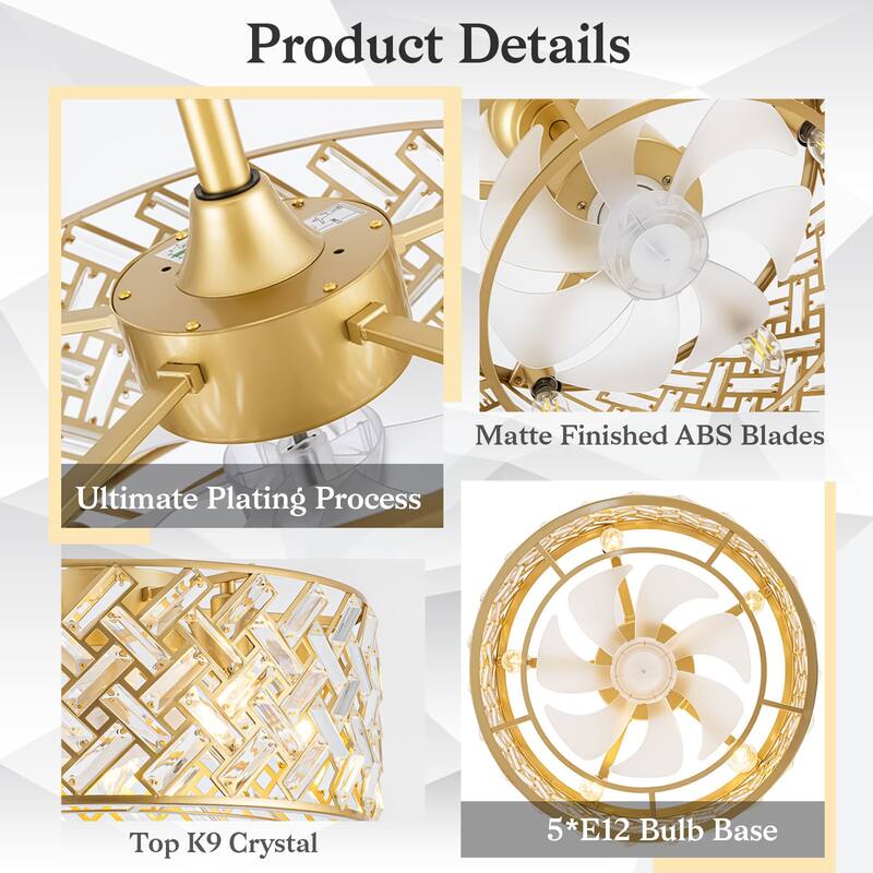 18" Crystal Cage Ceiling Fan With Remote Control ,Quiet Motor Fan Light,Indoor Crystal Chandelier Ceiling Fan