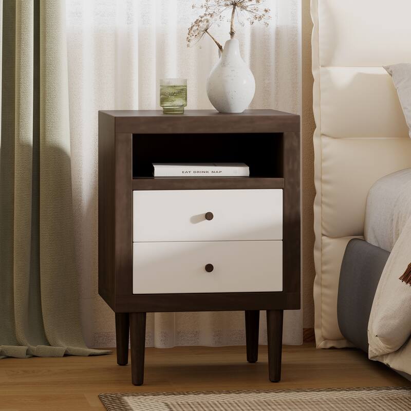 2-Drawer Nightstand with Mid-Century Design, Faux Wood Frame, and Rubberwood Legs, Storage Shelf