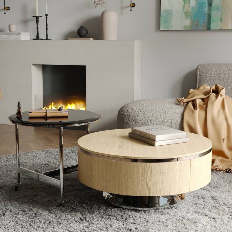 Nesting Coffee Table Set with End Table Round Coffee Table with 2 Storage Drawers - Original Wood and Silver