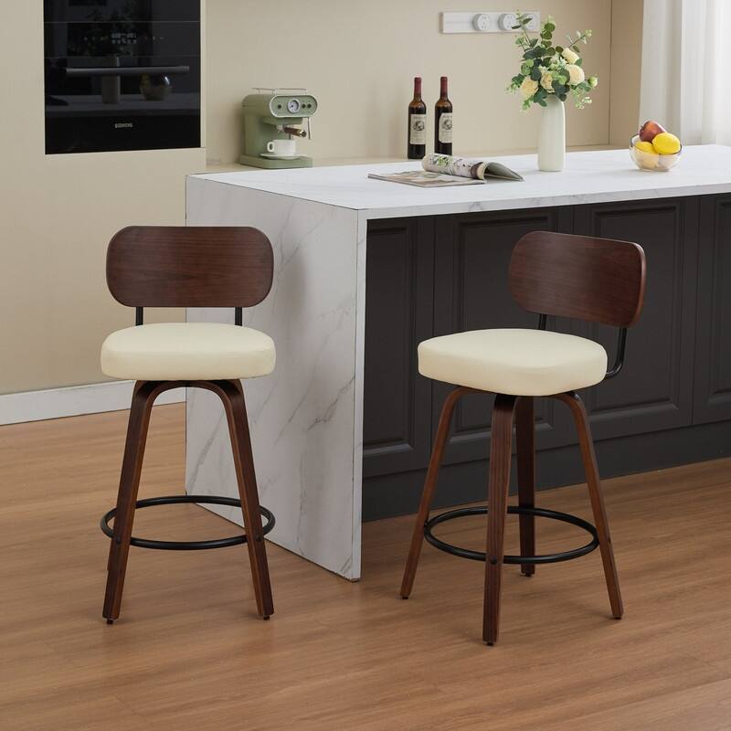 Swivel Bar Stools Set of 2, 26" Modern Faux Leather Counter Stools with Walnut Finish & 360 Degree Spin - Beige