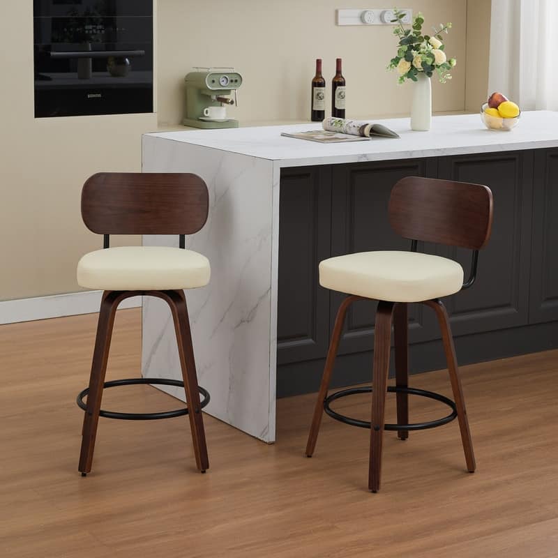 Swivel Upholstered Faux Leather Counter Height Bar Stools, Set of 2