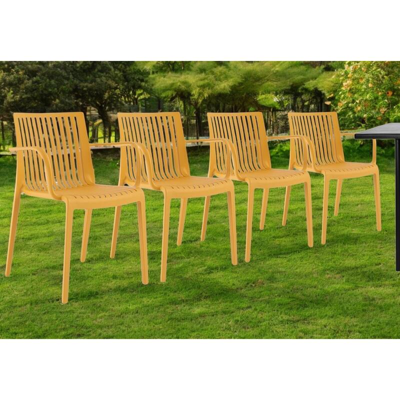HomeRoots Set of Two Yellow Heavy Duty Plastic Outdoor Stacking Arm Chairs - Yellow