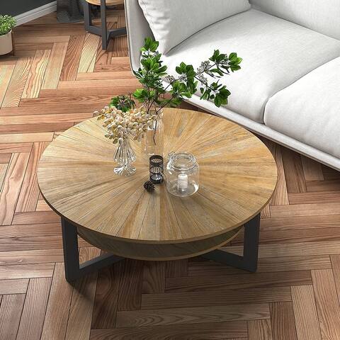 Round Coffee Table with Solid Wood Storage Circle Center Table