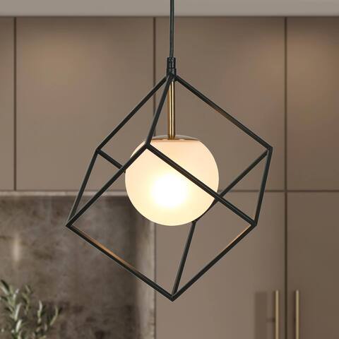 Modern 1-Light Cage Lantern Square / Rectangle Pendant Light with Globe Frosted Glass - 11" L x 11" W x 14.5" H