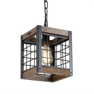 Anmytek Rustic Kitchen Pendant Lighting Fixture Industrial Wood Metal Chandelier for Dining Room