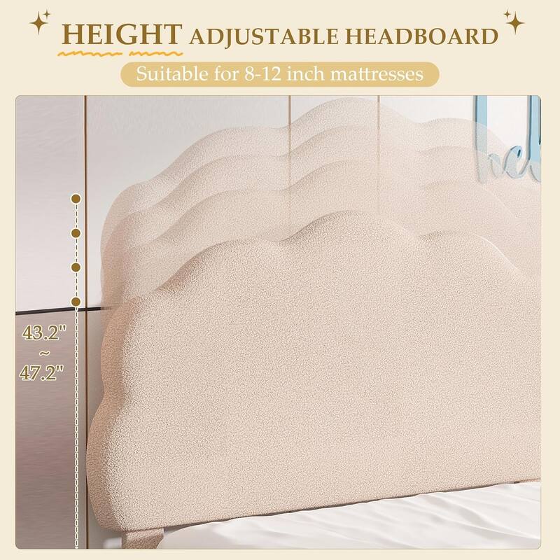 Twin Size Bed Frames with Adjustable Teddy Fleece Headboard, Upholstered Platform Bed w/Slats Support
