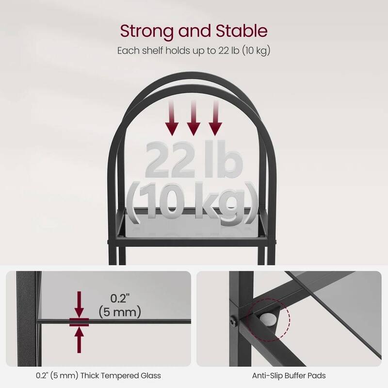 Arched Top Metal Display Rack Narrow Bookcase with 5 Glass Storage Shelves