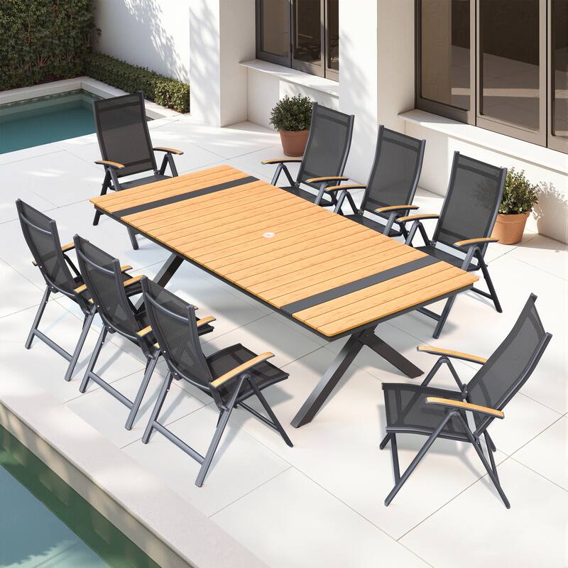 9/11PC Outdoor Patio Dining Set With Aluminum X-Frame Table Umbrella Hole Table Folding Chairs - 9PC-Brown-Table&Black-Chairs