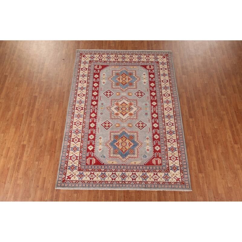 Kazak Area Rug Hand-Knotted Geometric Grey Wool Carpet - 6'9" x 9'8"
