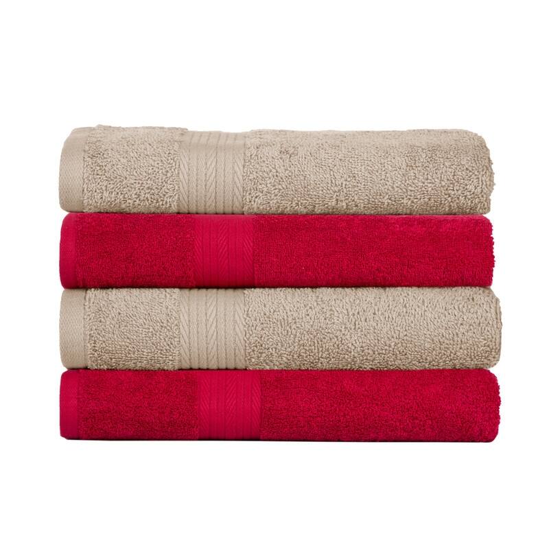 Pure Cotton 600GSM Absorbent Hand Towel 18x28 Inch by Ample Decor - Pack of 4 - Beige-Red