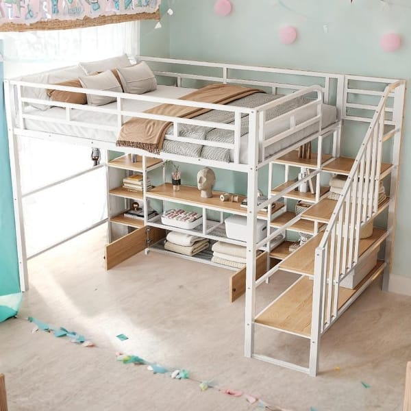 slide 2 of 16, Full Size Metal Loft Bed with Staircase,Two 4-Tier Shelves,Low Table With 2 Mesh Shelves White