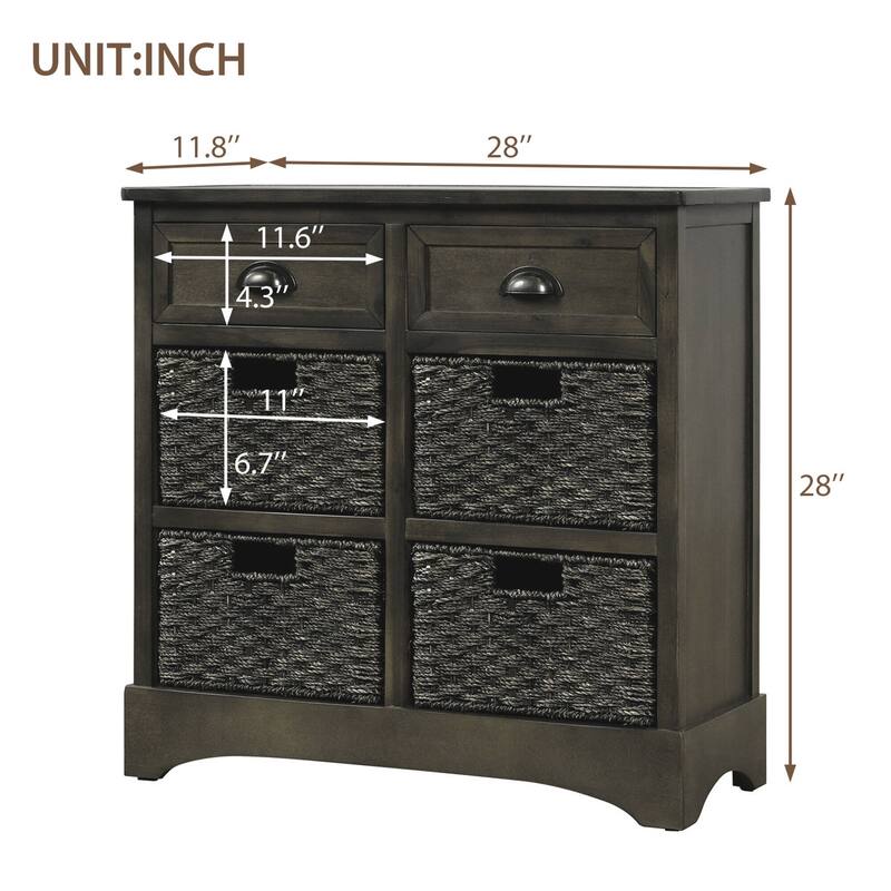 Rustic Storage Cabinet with Two Drawers and Four Classic Rattan Basket