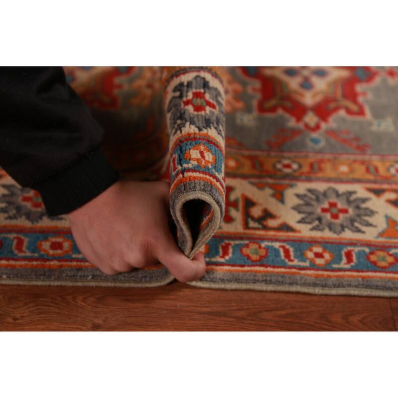 Geometric Grey Kazak Foyer Rug Hand-Knotted Oriental Wool Carpet - 2'8"x 4'0"