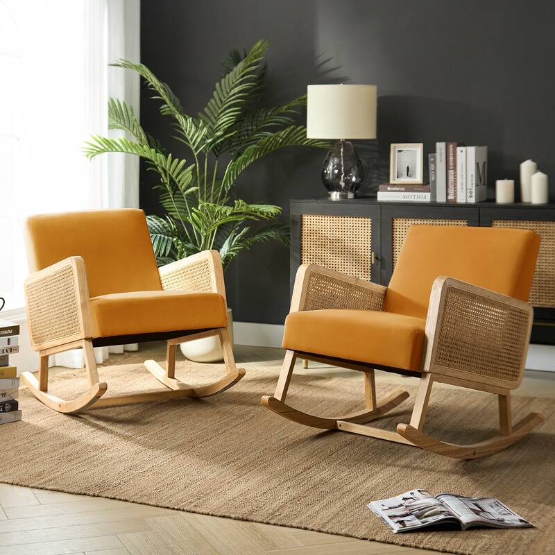 Venezia Upholstery Comfy Rocking Chair with Rattan Arms Set of 2