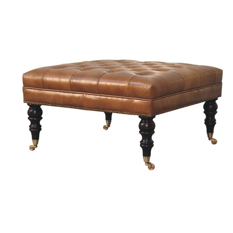 Artisan Furniture Solid Wood Studded Buffalo Tan Leather Ottoman with Castor Legs