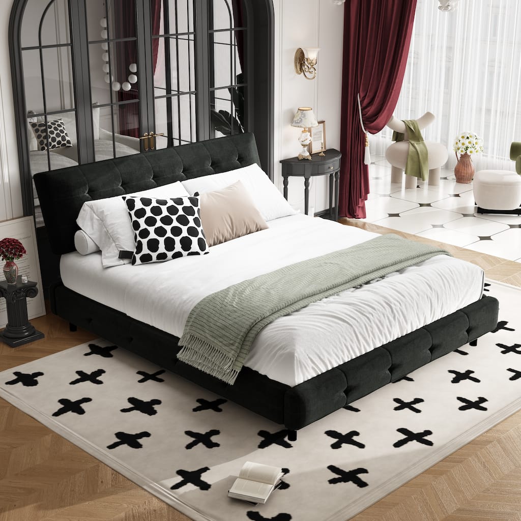 Queen Size Bed Frame, Tufted Headboard with Extra-Large Ultra-Soft Cloud Pillow Design, Chenille Platform Bed - Black