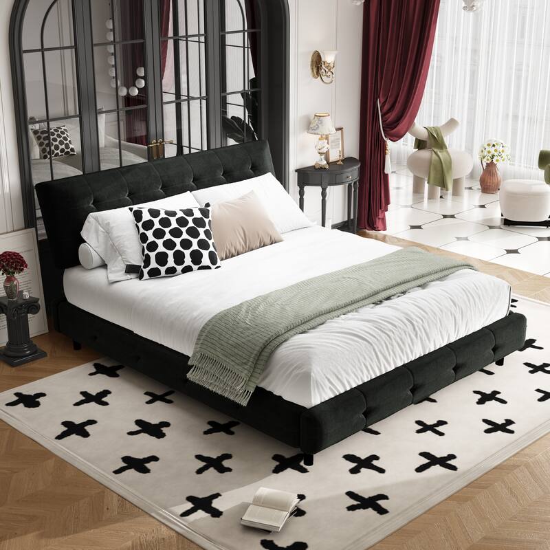 Queen Size Bed Frame with Tufted Headboard, Chenille Platform Bed, Black, Solid Wood and Metal Slats, Noise-Free - Black