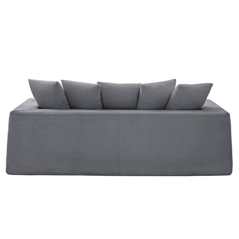 Modern Convertible Loveseat Sofa Bed, Corduroy Fabric Foldable Floor Couch w/5 Pillows, Side Pockets & Cup Holders, No Assembly