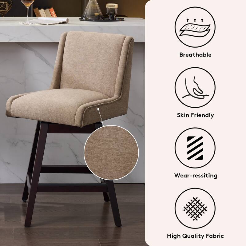 2-Pack Swivel Bar Stools - 360° Rotating Solid Wood and Fabric Stools with Comfortable Cushion