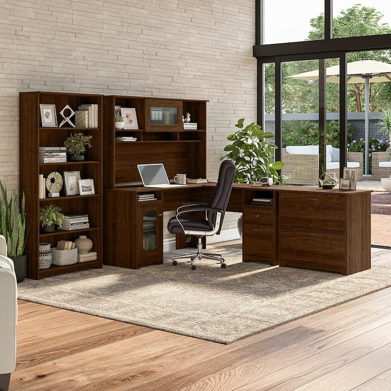 Cabot 60W L-Desk with Hutch, Cabinet and Bookcase by Bush Furniture - Modern Walnut