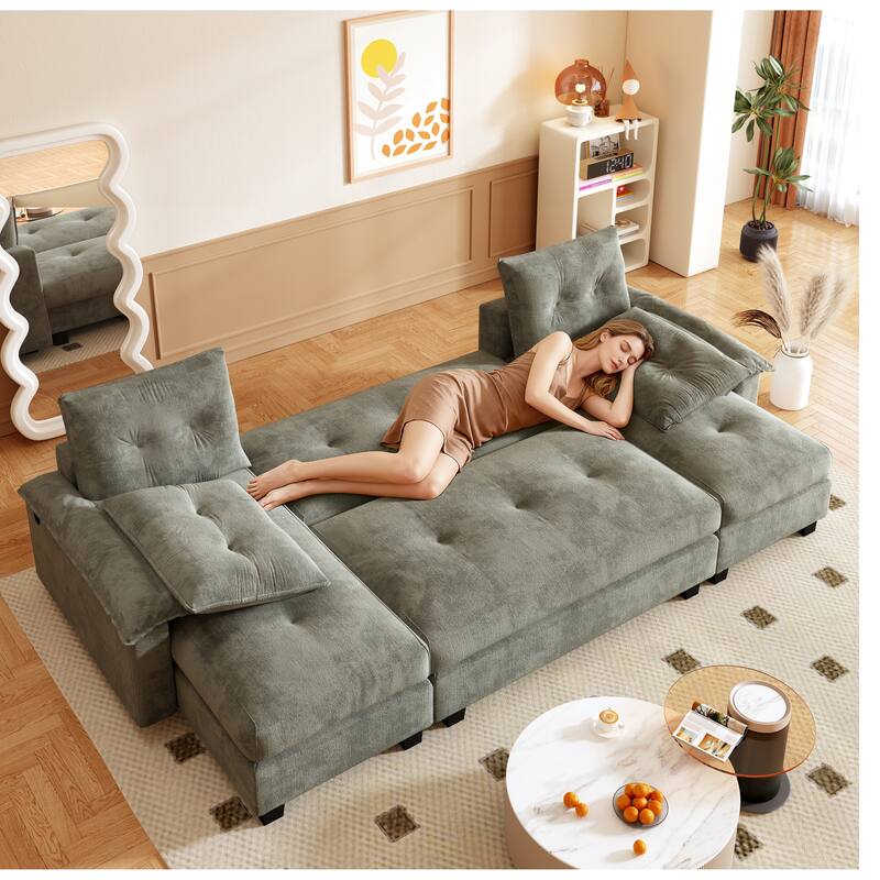 104.7" U-Shaped Sleeper Sofa, Convertible Sectional Couch with Pull-Out Bed, Removable Armrests, USB Ports & Chaise Lounge