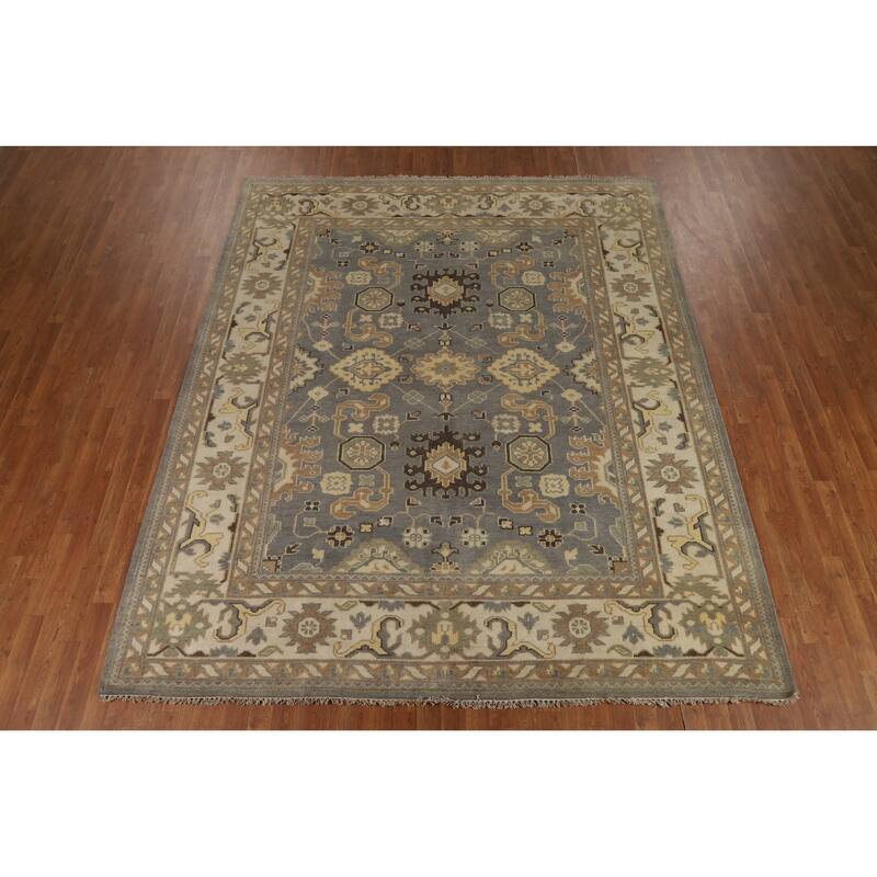 All-Over Oushak Indian Area Rug Hand-Knotted Wool Carpet - 8'1" x 9'11"