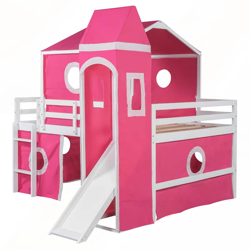 Full Size Loft Bed with Slide Pink Tent and Tower