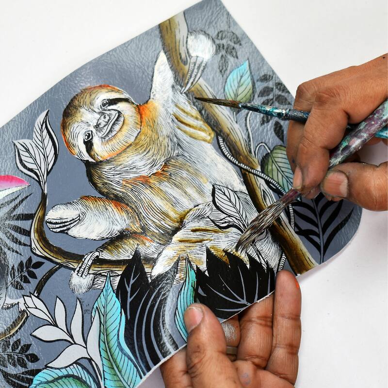 Handpainted Leather Ladies Clutch Wallet - Rainforest Friends - Black/Blue