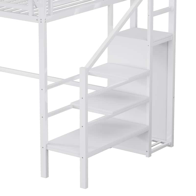 Metal Loft Bed with Wooden Stairs Built-in Storage Shelves and Wardrobe, High Loft Bed Frame with Side Grid Storage Rack