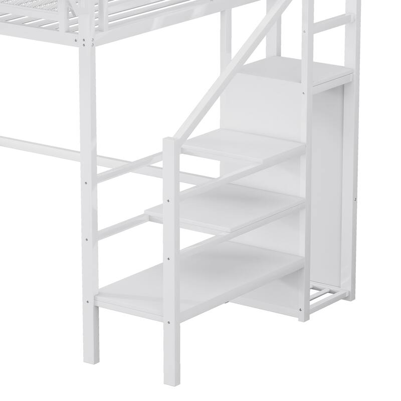 Twin Size Metal Loft Bed with Storage Shelves and Wardrobe, High Loft Bed Frame, Heavy Duty Metal Slat Support, Noise Free