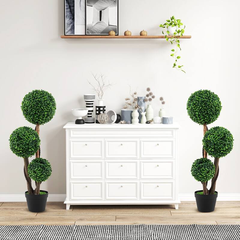 Gymax 36'' Faux Potted Plant w/3 Topiary Balls Solid Wood Trunks Mimic