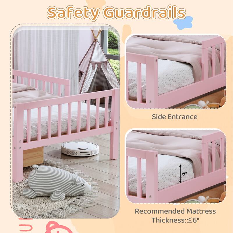 Pink Twin Size Bed with Headboard Storage, Safety Guardrails & Under-Bed Drawers