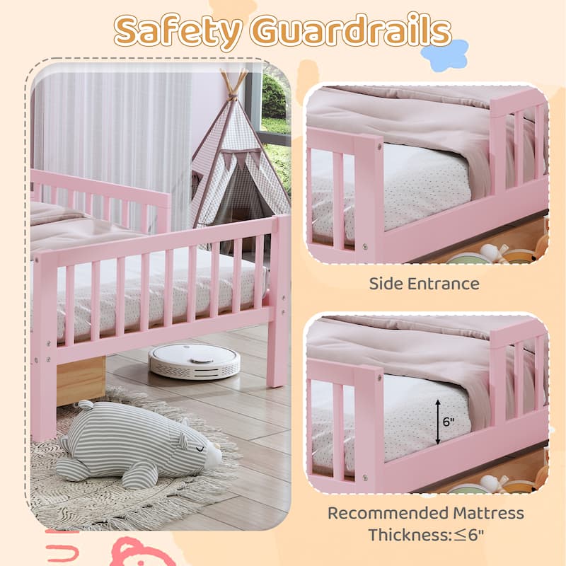 Twin Size Platform Bed with Built-In Headboard Shelves, Safety Guardrails & 2 Storage Drawers, Space-Saving Wood Frame