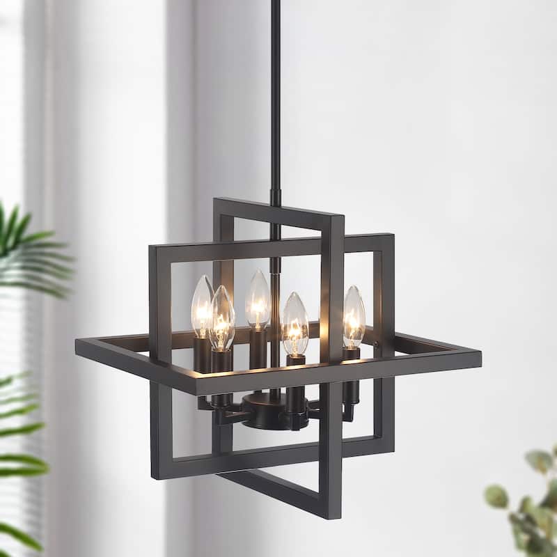 12.99" Wide 6-Light Semi Flush Mount Chandelier, Industrial Style Square Open Frame Pendant Light for Living Room - Black