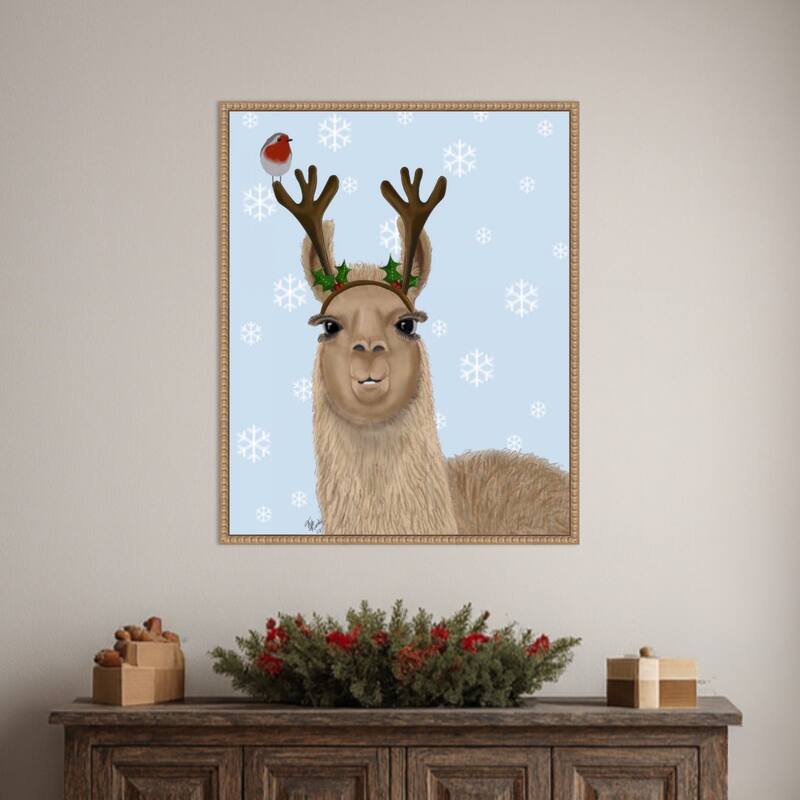 Llama Antlers by Fab Funky (23 x 28 in.), Framed Canvas Wall Art Print - Sylvie Beaded Rustic Natural