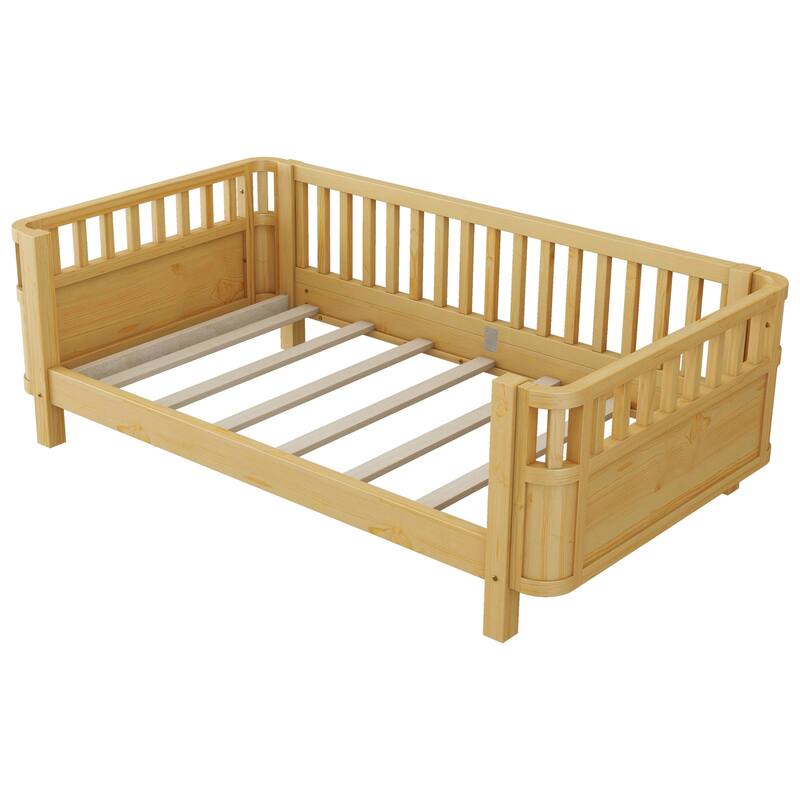 Modern Wood Platform Bed with Safety Rails for Kids