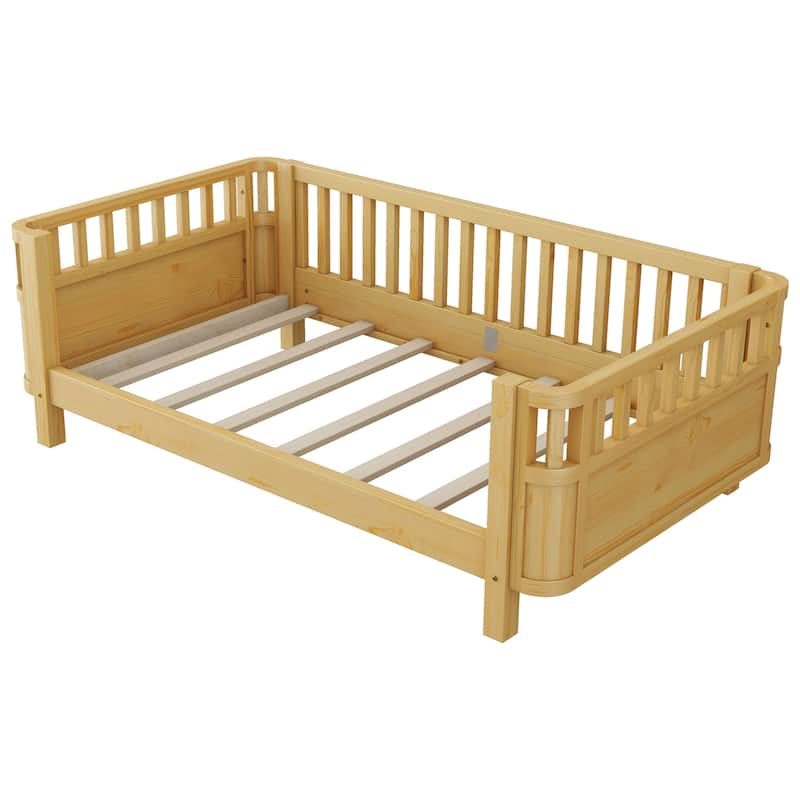 Toddler Platform Bed with Fences Headboard Footboard and Removable Side Rails for Kids, Girls and Boys Wooden Daybed