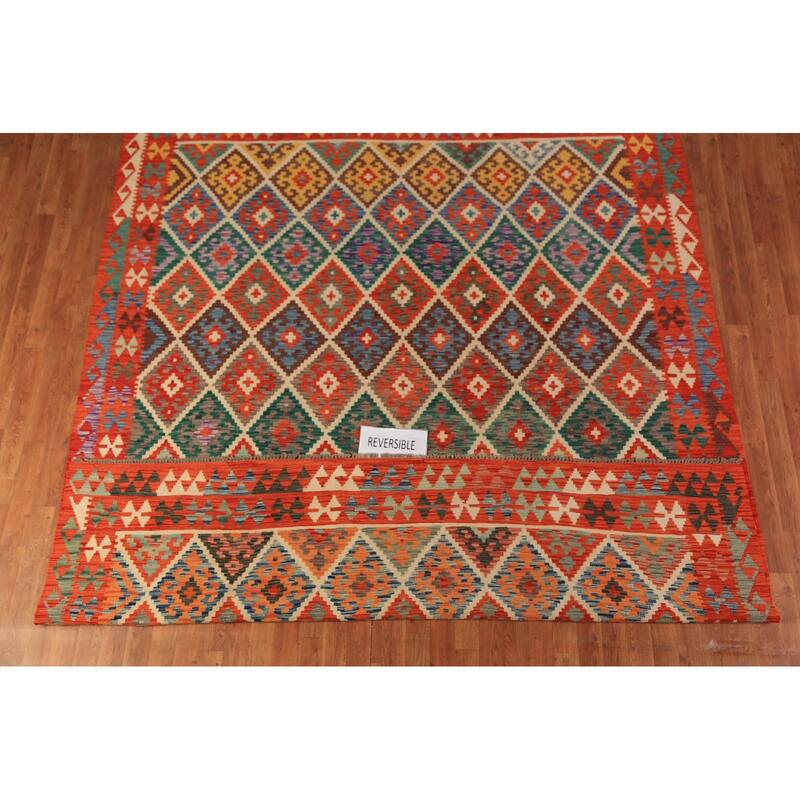 South Western Style Kilim Oriental Rug Flatweave Orange Wool Carpet - 8'3"x 9'11"