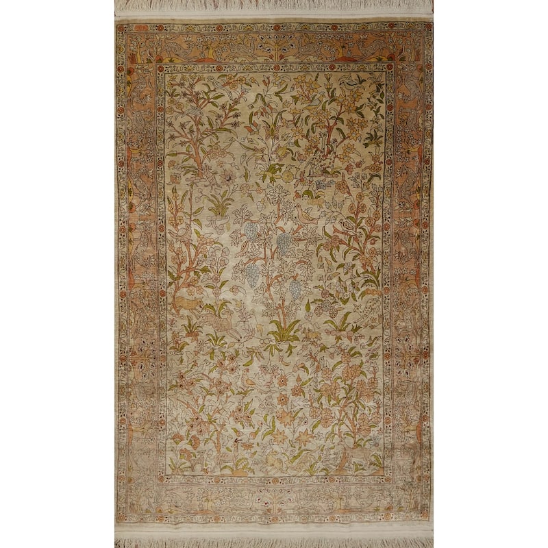 Hand Knotted Traditional Silk Beige Floral Area Rug - 5' 7'' X 3' 4''