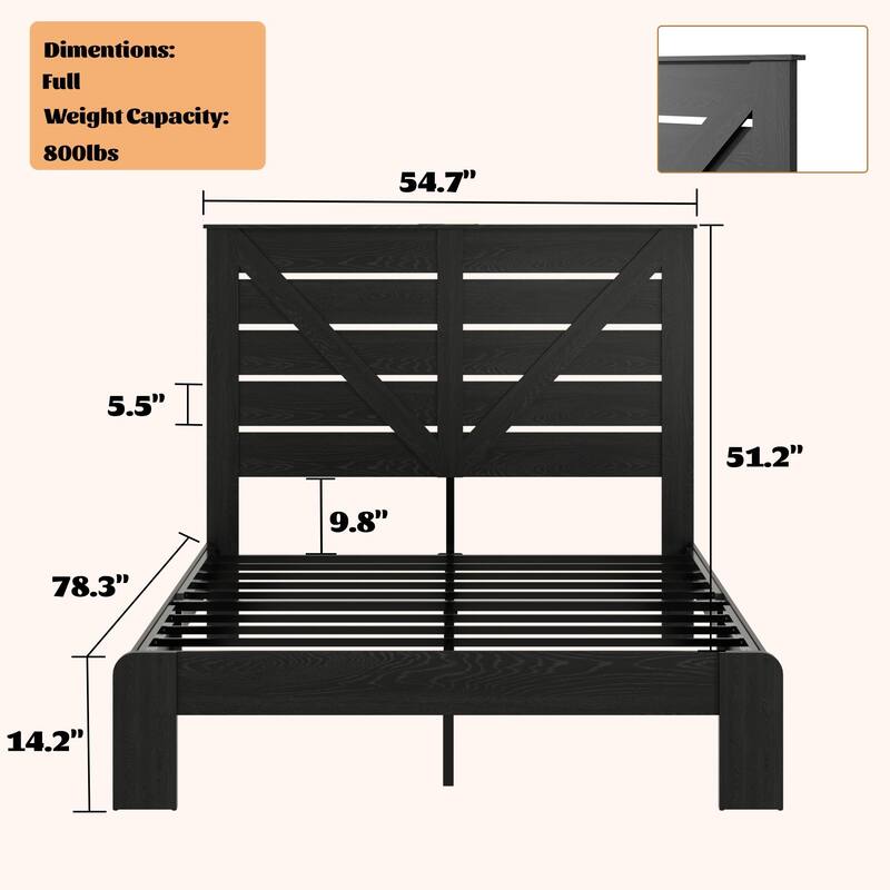 Full Size Wood Platform Bed Frame with Headboard, Noise Free, Easy Assembly, Large Under Bed Storage, Black