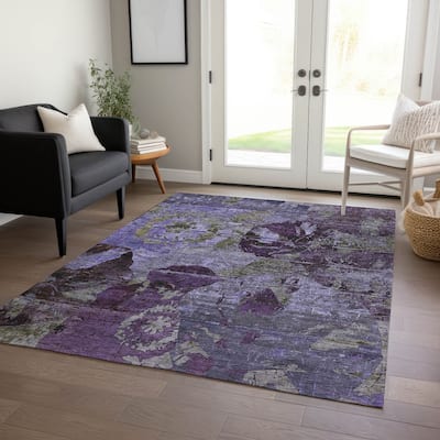 Machine Washable Indoor/ Outdoor Abstract Leaves Chantille Rug