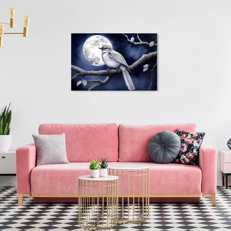 Wynwood Studio Canvas Animals Moonlit little bird Blue and Navy Blue Traditional Wall Art Canvas Print - 36 x 24