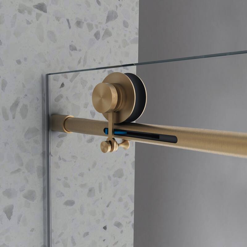 Frameless single-slide sliding shower door with adjustable soft-close feature