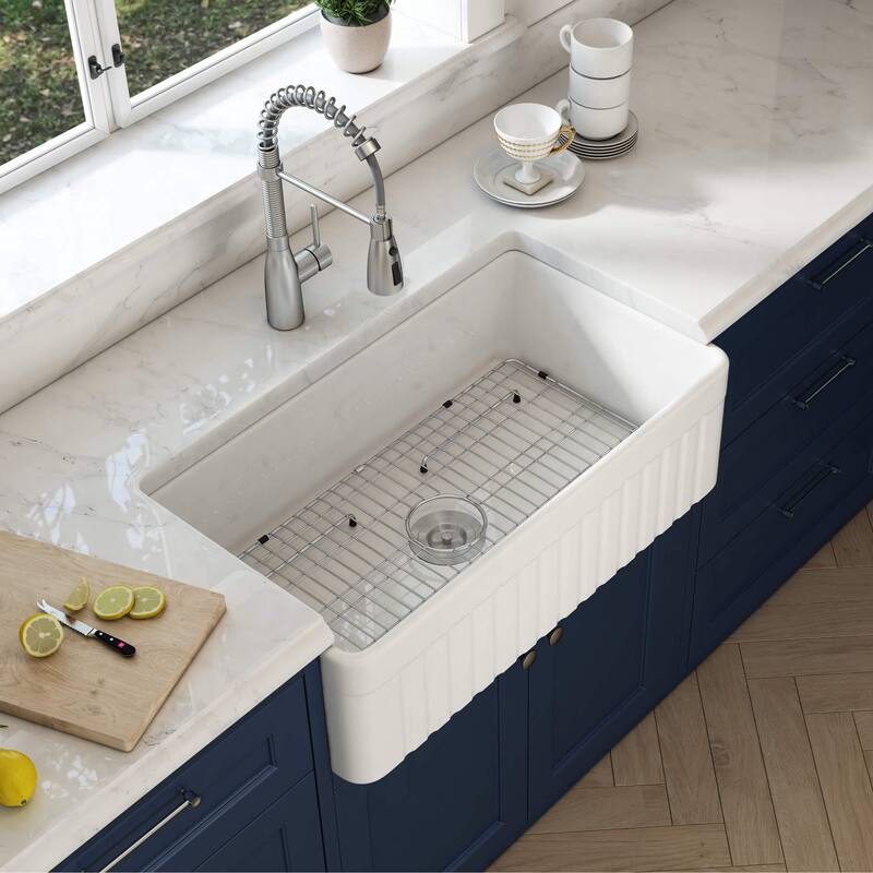 White Fireclay Farmhouse Undermount Kitchen Sink with Bottom Grid and Strainer