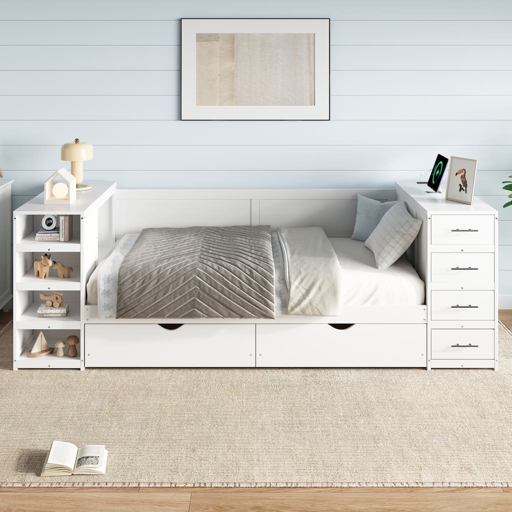 White Wooden Twin Size Daybed with Drawer and USB