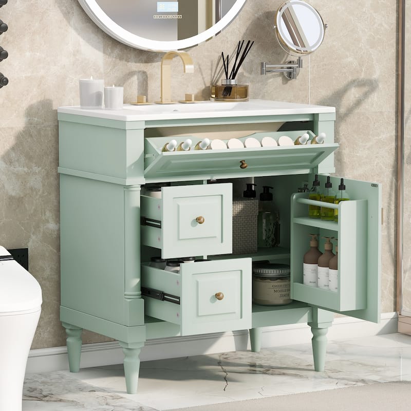 30" Bathroom Vanity with Sink, Freestanding Solid Rubberwood Cabinet with Flip Drawer & Adjustable Shelf - Green