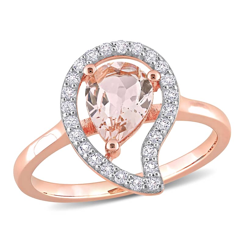 Miadora Morganite and White Topaz Halo Teardrop Ring in Rose Plated Sterling Silver